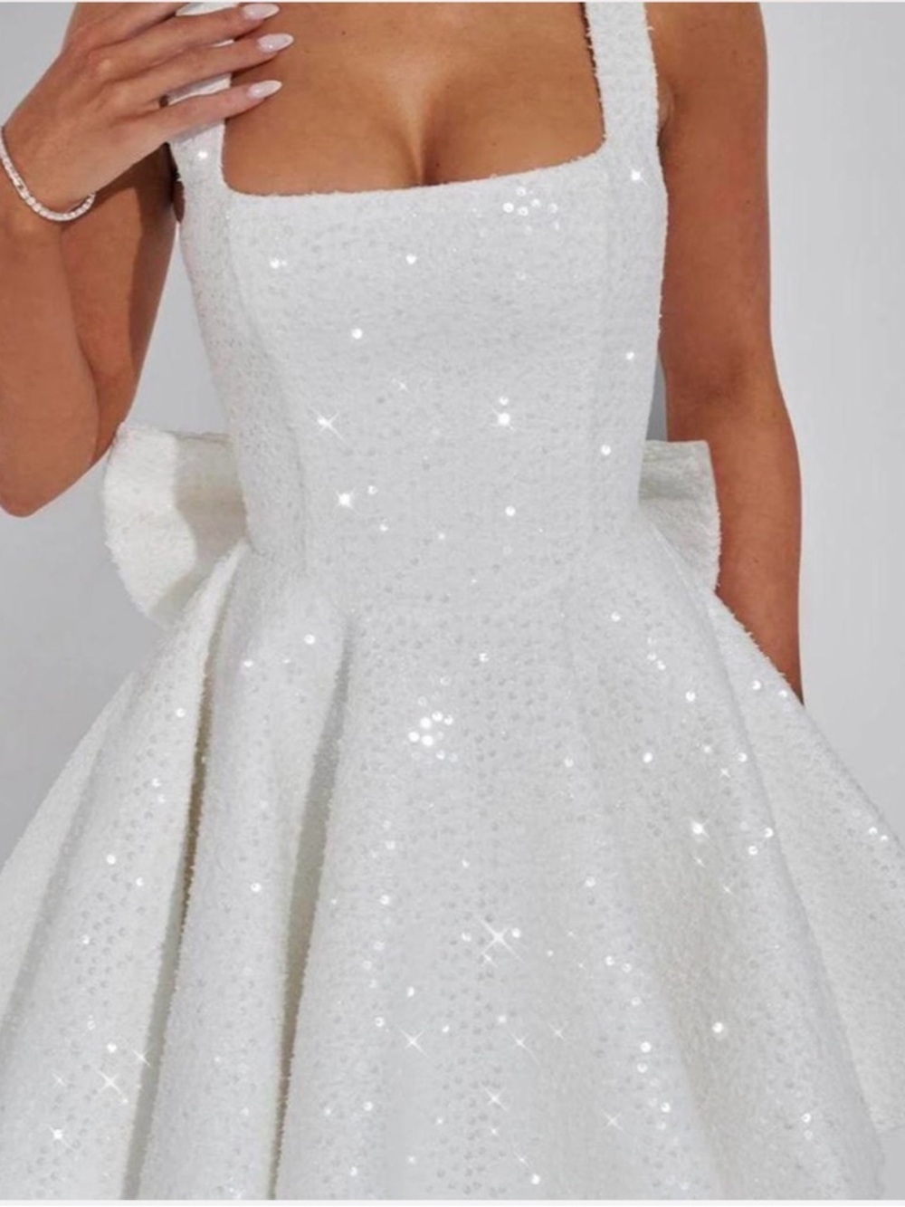 Strapless White Sequin Fit-and-Flare Dress with Square Neckline